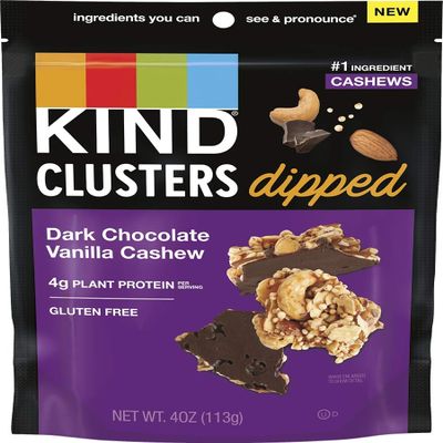 KIND Snack Clusters Dipped in Dark Chocolate Vanilla Cashew Flavor, Gluten-Free Nut Snack with 4g Protein, Crunchy & Sweet, 4oz Bag (2, Dark Chocolate Vanilla Cashew)