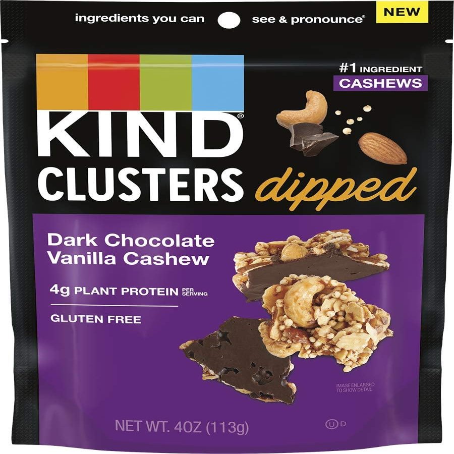KIND Snack Clusters Dipped in Dark Chocolate Vanilla Cashew Flavor, Gluten-Free Nut Snack with 4g Protein, Crunchy & Sweet, 4oz Bag (2, Dark Chocolate Vanilla Cashew)