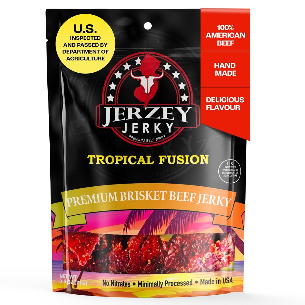 Jerzey Jerky Tropical Fusion Brisket Jerky 2.5oz High Protein, Gluten Free and Healthy Beef Snacks with Rich, Authentic Flavor
