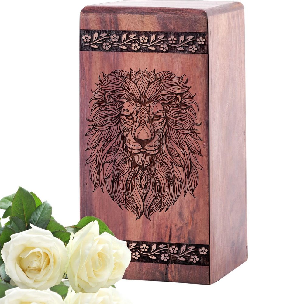 KARYLIZ Lion Cremation Boxes for Human Ashes - Decorative Large Urns for Home - Wooden Urn Ashes Women Adult Urns Human Women 11.25 Inch