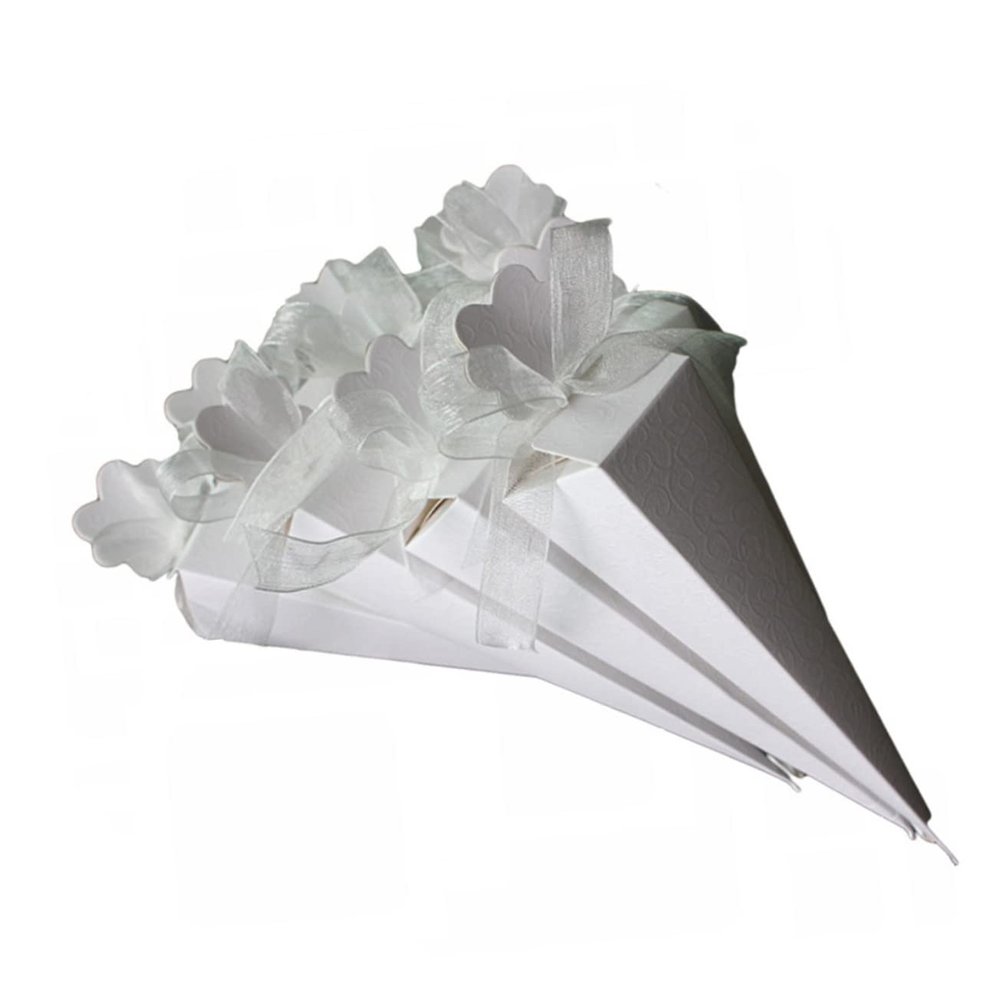 YOSADIER 50pcs White Ice Cream Cone Shape Paper Candy Boxes with Chiffon Ribbon Unique Wedding Favor Box for Chocolate Treats and Celebrations and Special Events