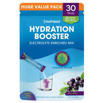 nutrazul Hydration Booster, Electrolytes Powder Sticks with Sodium, Potassium, Vitamin B6 & B12, No Artificial Sweeteners, Acai Berry Flavor, 30 Sticks