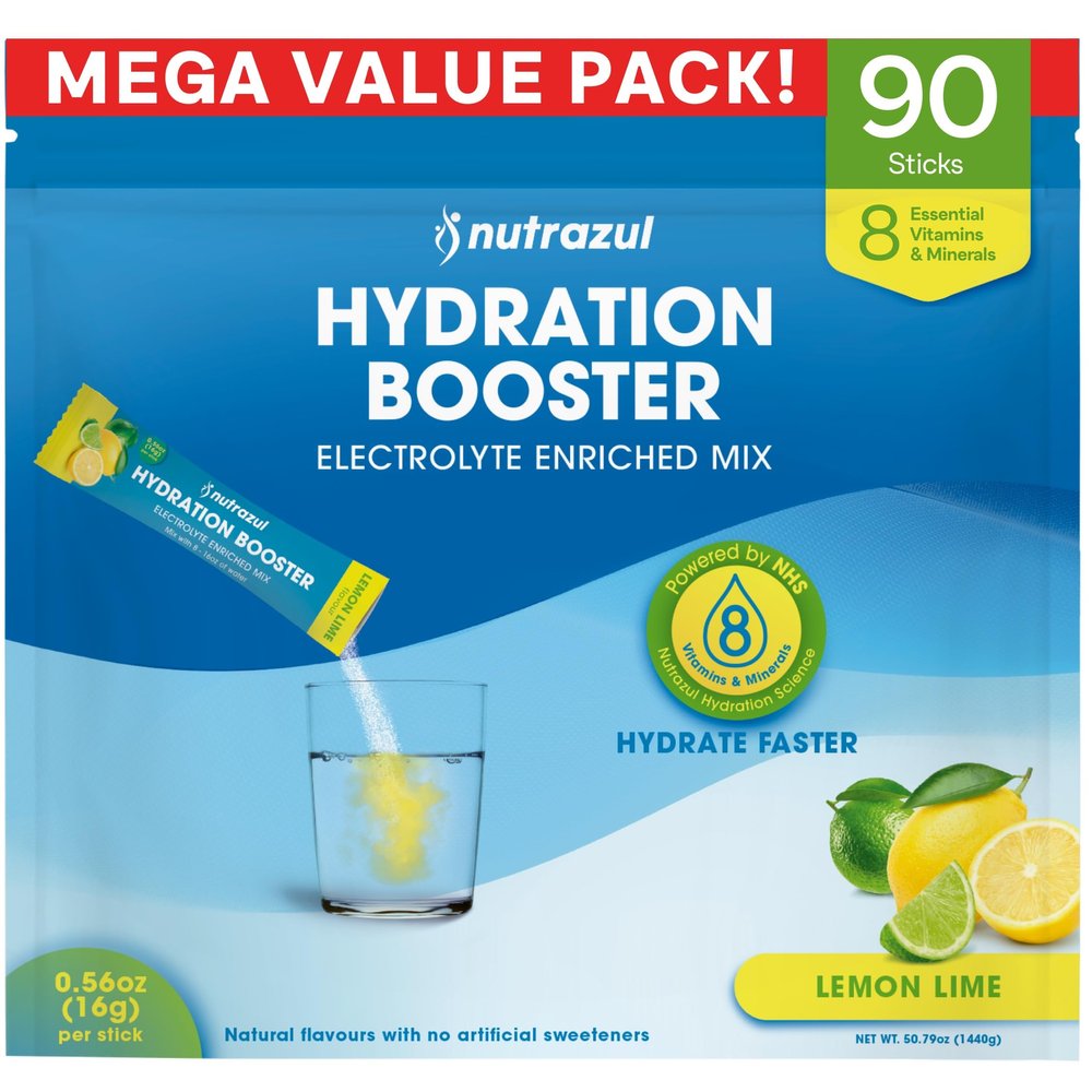 nutrazul Hydration Booster, Electrolytes Powder Sticks with Sodium, Potassium, Vitamin B6 & B12, No Artificial Sweeteners, Lemon Lime Flavor, 90 Sticks