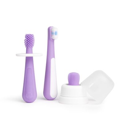 Ubbi Grow with Me Toothbrush Training Set for Babies and Toddlers, Includes Silicone Finger Brush, 360 and Soft Bristled Toothbrush, Smoothie Purple