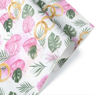 Beautiful Destination Wedding Wrapping Paper, Beach Gift Wrap, for Bridal Shower Tropical Wedding Decor, Anniversary Theme (Green Pink, 6 foot x 30 inch roll)