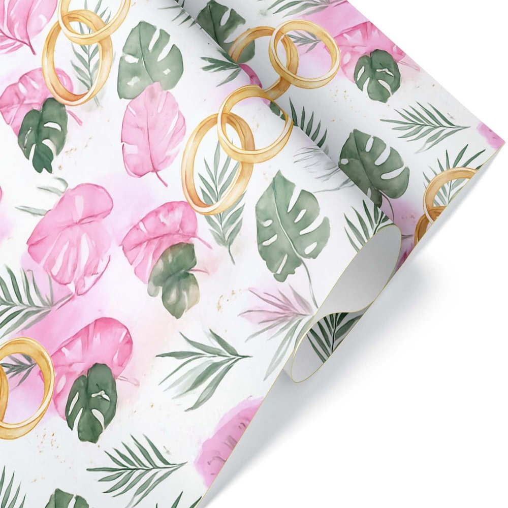 Beautiful Destination Wedding Wrapping Paper, Beach Gift Wrap, for Bridal Shower Tropical Wedding Decor, Anniversary Theme (Green Pink, 6 foot x 30 inch roll)