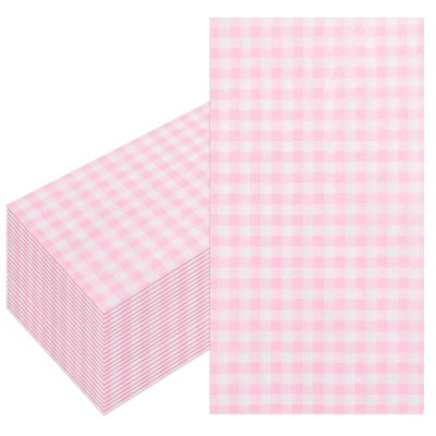 100 Pcs Pink Paper Napkins, 2-Ply Disposable Pink Paper Towels, Pink and White Checkered Guest Napkins, Gingham Napkins for Bathroom, Dinner, Wedding Valentines, Picnic, BBQ, Tea Party, 4.3 x 7.9 Inch