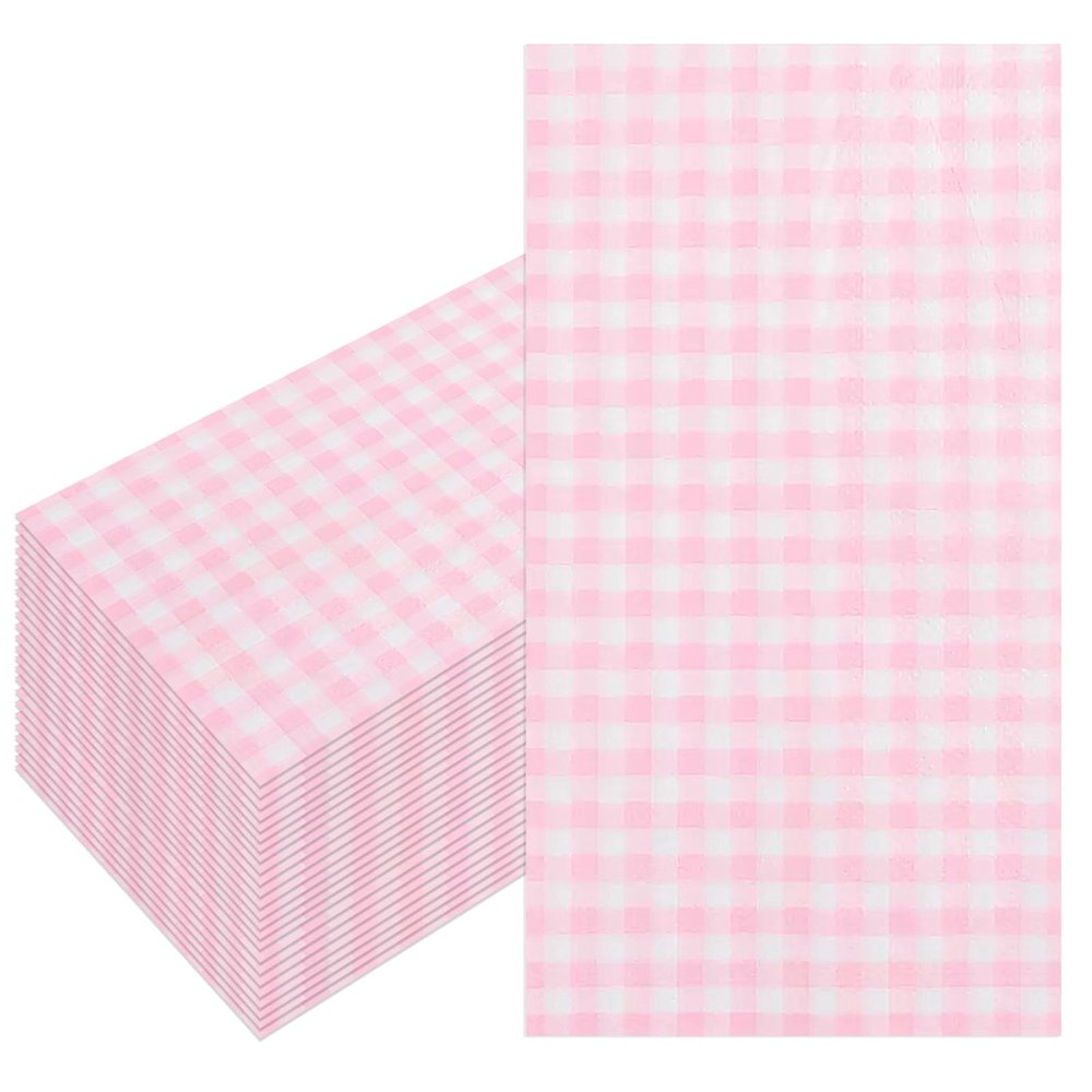 100 Pcs Pink Paper Napkins, 2-Ply Disposable Pink Paper Towels, Pink and White Checkered Guest Napkins, Gingham Napkins for Bathroom, Dinner, Wedding Valentines, Picnic, BBQ, Tea Party, 4.3 x 7.9 Inch