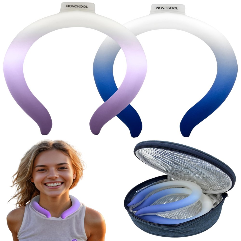 2 Pack Neck Cooling Tube with Insulated Bag - Reusable Ice Ring Neck Cooler Indoor Outdoor - Wearable Cooling Wrap - Relief for Summer and Hot Flashes - Ice Ring Freezes Under 64(Purple+Blue)