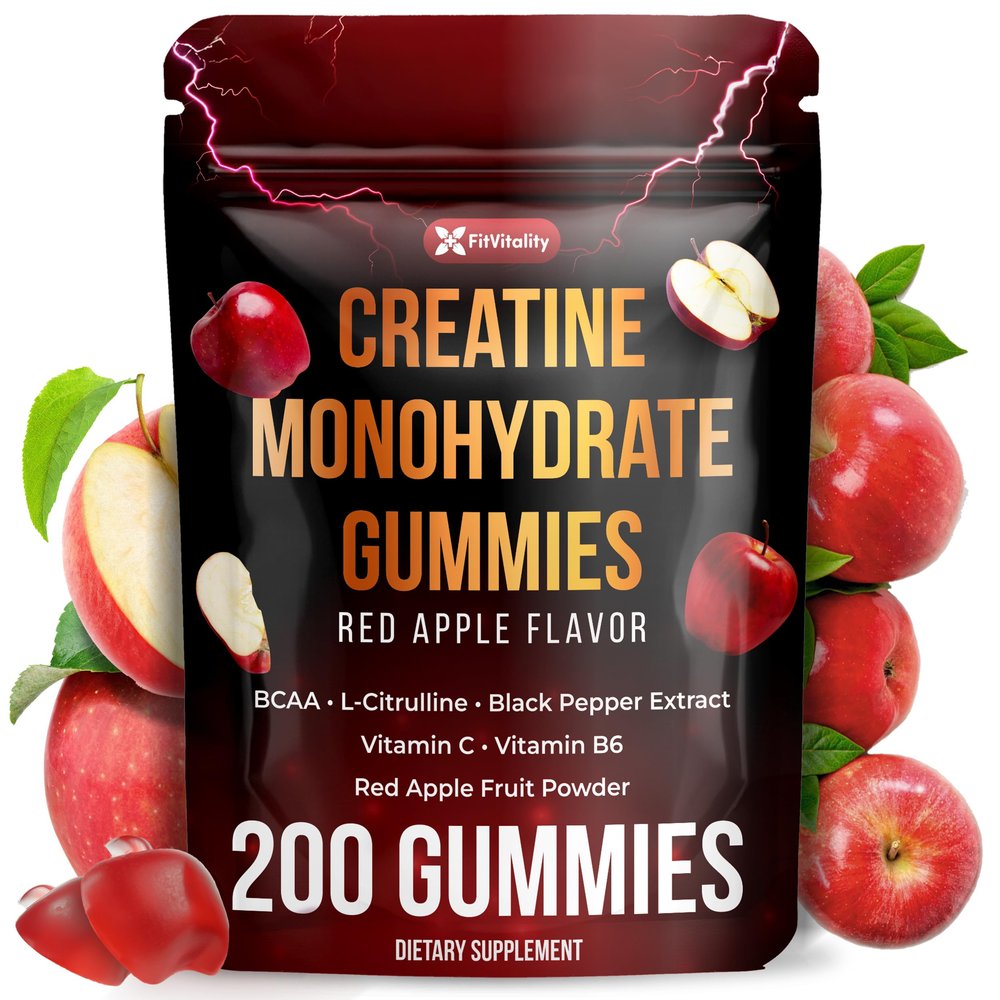 200 Creatine Monhydrate Gummies. W/ Vitamin C & B6, Black Pepper, Red Apple