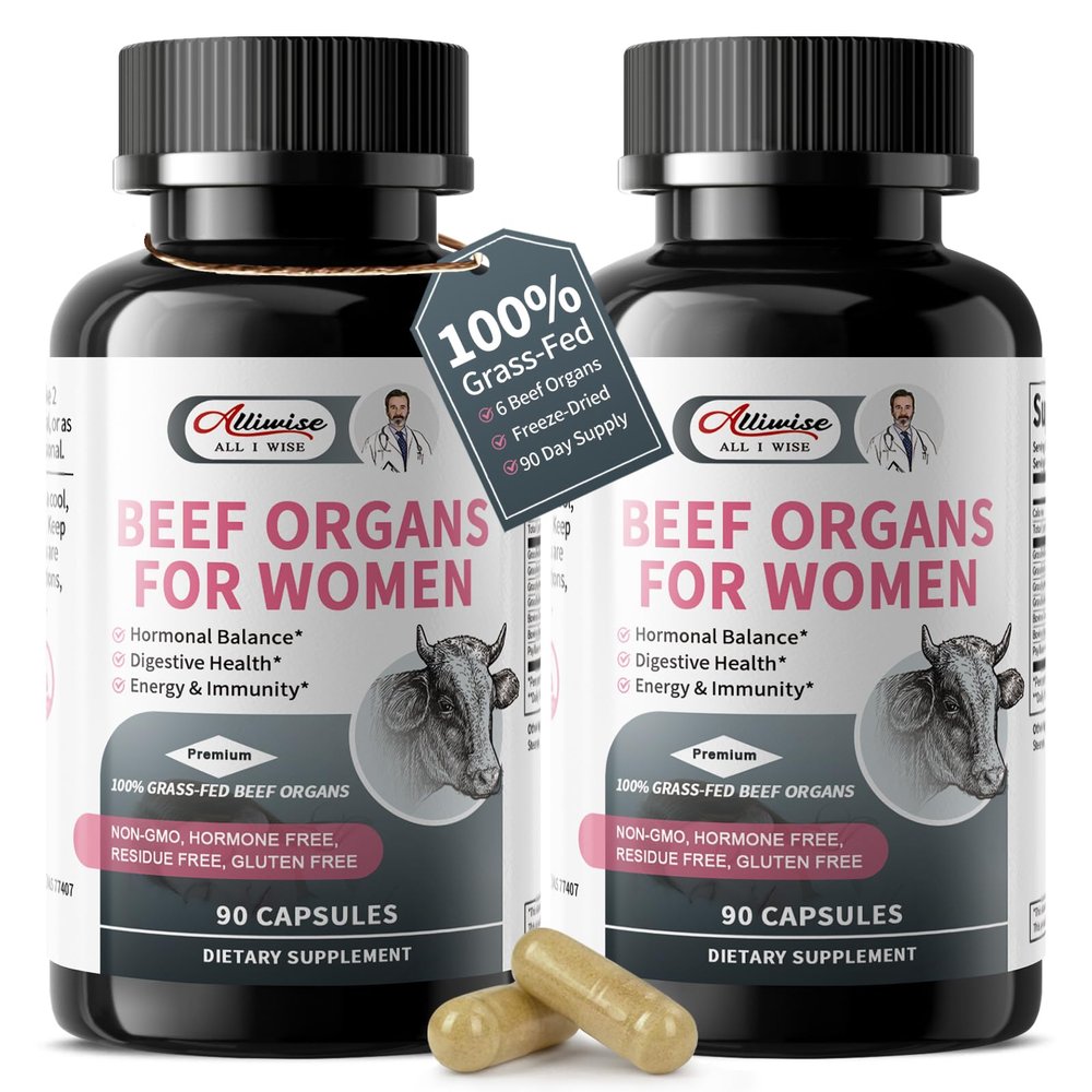Alliwise 2 Pack Beef Organ Supplement for Women - Supports Female Hormonal Balance, Energy & Overall Wellness, 100% Grass Fed Beef Organs Complex: Liver Uterus* Heart & 3 More, (2 Capsules Daily)