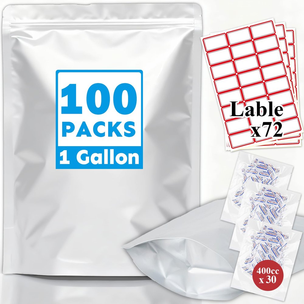 Cloudslucky Mylar Bags 2Quart 50PCS 8"X12" for Food Storage with Oxygen Absorbers&Labels,10Mil Thick Resealable Zipper&Heat Seal Stand Up Pouches for Packaging Long Term,Dried Food,BPA Free