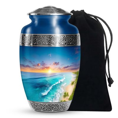 KARYLIZ Blue Ocean Beach Sunset Urns for Human Ashes, Funeral Urn for Ashes Adult Men and Women, Memorial Gifts for Family, Cremation Urns for Male, Burial Urn for Cremated Remains, 10 Inch Large