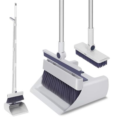 SDSM Broom with Dustpan Combo Set, 4 in 1 Multifunctional Broom and Dustpan with 52" Long Handle, Concealed Squeegee and Cleaning Brush, for Clean Home Kitchen Bathroom Office, Indoor Outdoor Floor