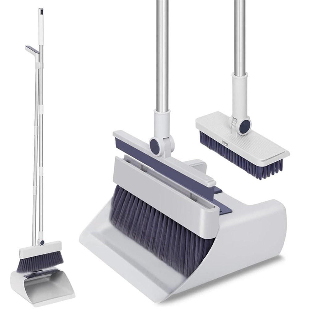 SDSM Broom with Dustpan Combo Set, 4 in 1 Multifunctional Broom and Dustpan with 52" Long Handle, Concealed Squeegee and Cleaning Brush, for Clean Home Kitchen Bathroom Office, Indoor Outdoor Floor