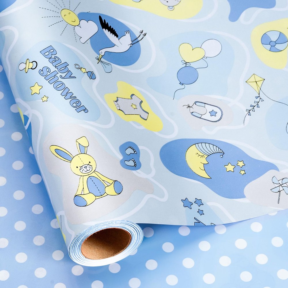 Homeral Blue Baby Boy Wrapping Paper Roll - Mini Roll - 17 Inch x 16.5 Feet - Baby Toys, Stroller and Apparel & Polka Dots Reversible Gift Wrap for Baby Shower, Birthday, Gender Reveal, Holiday