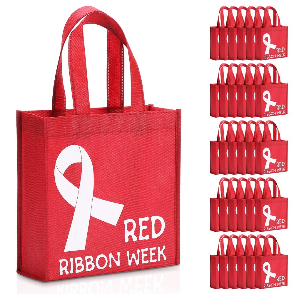 Yeyeplum 30 Pcs Red Ribbon Week Tote Bags Bulk Reusable Non Woven Handbags for Anti-drugs Awareness Heart Health Awareness Aids Hiv Prevention for Campaigns Fundraising and Groups Support Supplies