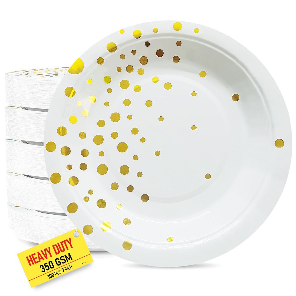 100 PCS Disposable Paper Plates for Party Supplies, White and Gold Dessert/Cake Plates, Heavy Duty Gold Plate for Party, Birthday, Graduation, Wedding, Engagement, Baby Shower, All Anniversary (7IN)