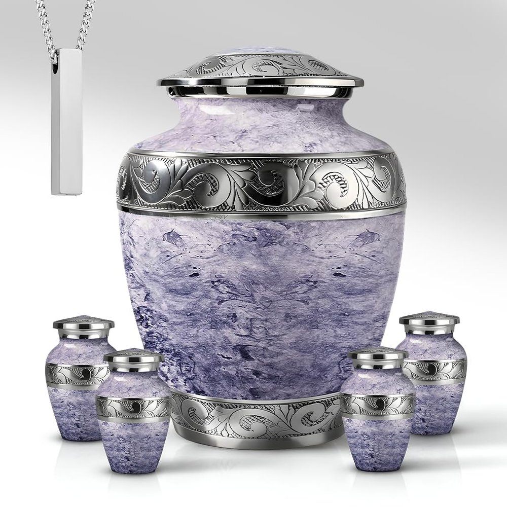 AmericUrn Cremation Urns for Human Ashes Adult Female, Mom and Men White Pearl Memorial Set of 6 with 1 Large Urn, 4 Keepsakes & 1 NecklaceUrn - White Pearl