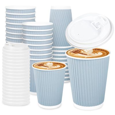 Whaline 100Pcs Light Blue Disposable Coffee Cups with Lids 12oz Solid Blue Paper Cups Corrugated Ripple Wall Insulated Hot Cups for Home Office Party Supplies