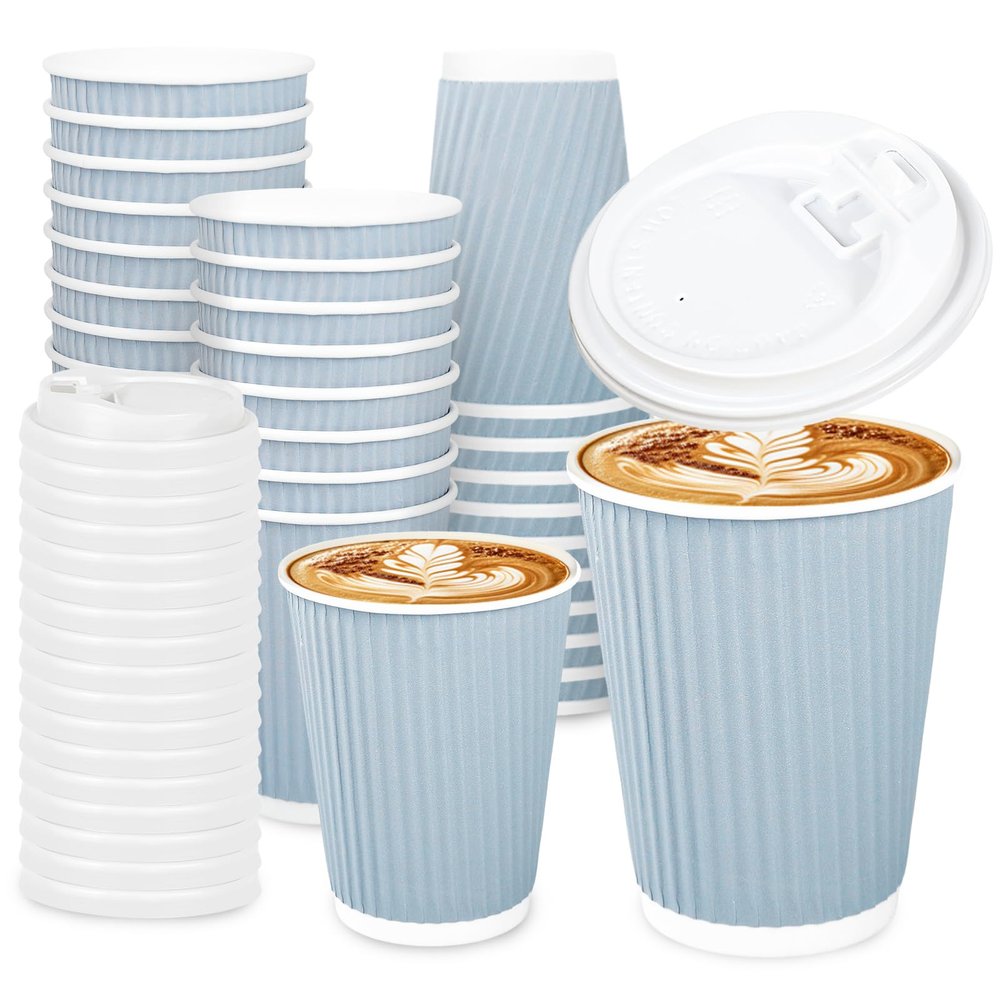 Whaline 100Pcs Light Blue Disposable Coffee Cups with Lids 12oz Solid Blue Paper Cups Corrugated Ripple Wall Insulated Hot Cups for Home Office Party Supplies