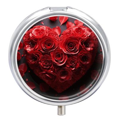 Portable Pill Organizer Small Pill Box Red Rose Love Heart 3 Compartment Medicine Vitamin Organizer Travel Medicine Organizer with Mirror & Button Closure Cute Medication Case for Purse