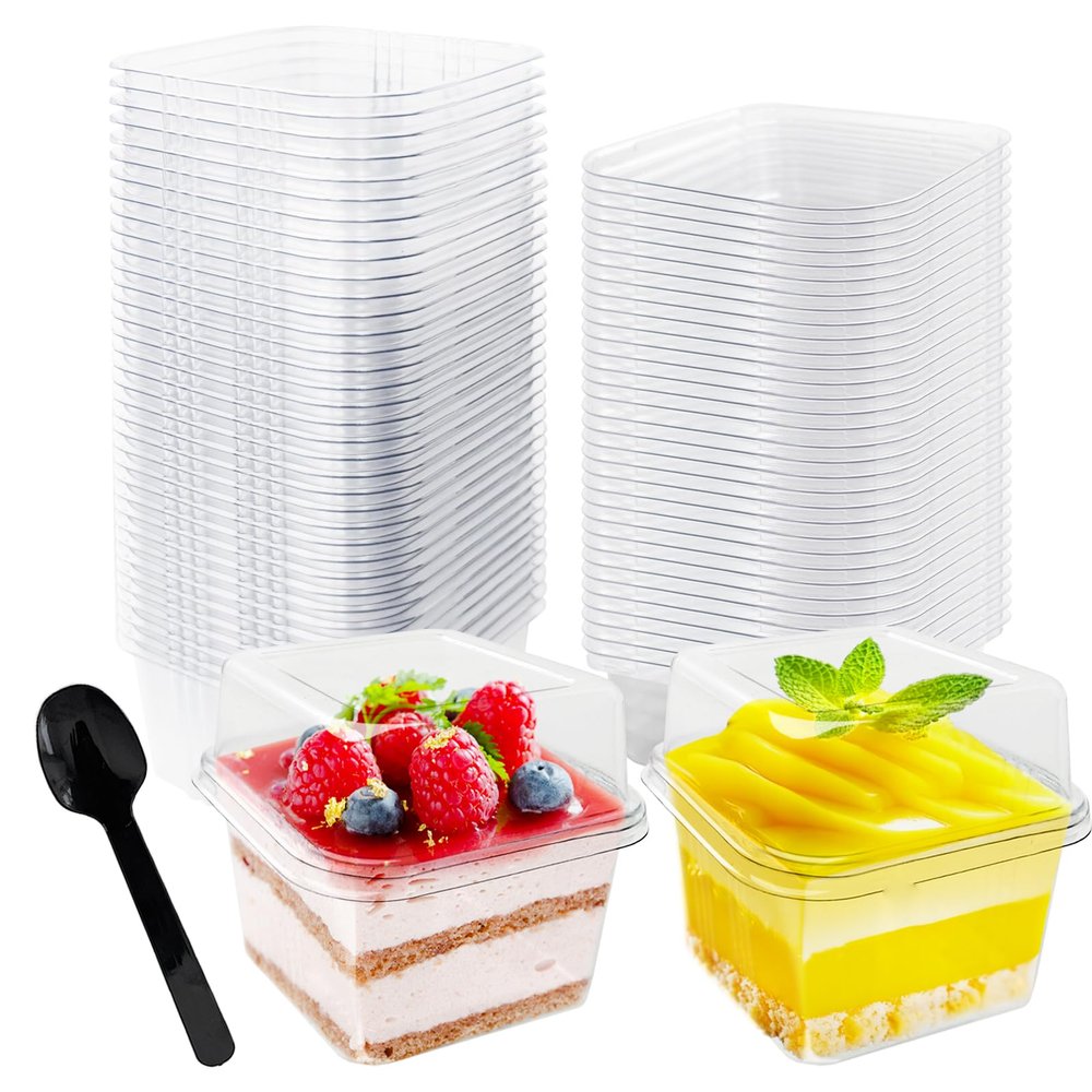 Alaeseje 60 Pack 8 oz Plastic Dessert Cups with Lids and Spoons,Square Parfait Cups Disposable Cake Containers with Lid for Ice Cream,Pudding,Yogurt Fruit,Mousse