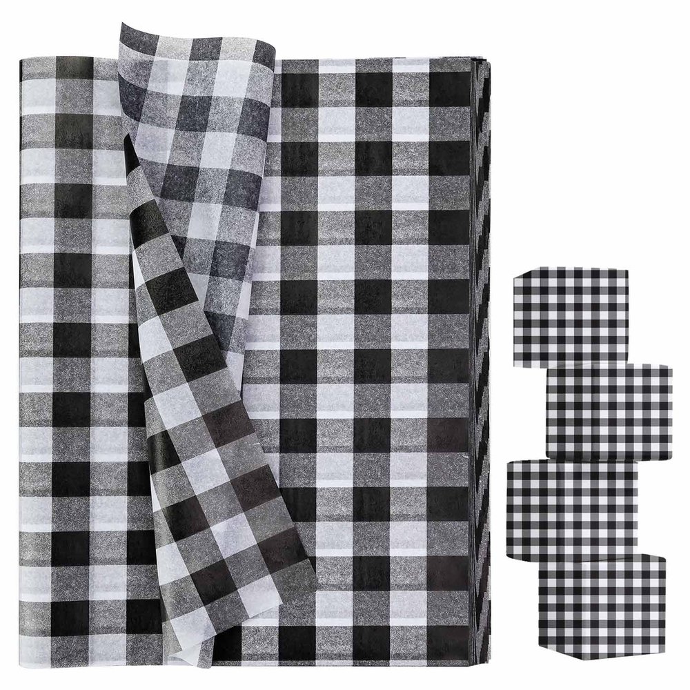 AVXINSOK 100 Sheets Black Gingham Tissue Paper 14 x 20 Inches Black and White Buffalo Plaid Gift Wrapping Checkered Tissue Paper for Gift Bags Wedding Birthday Halloween Party Packaging Crafts