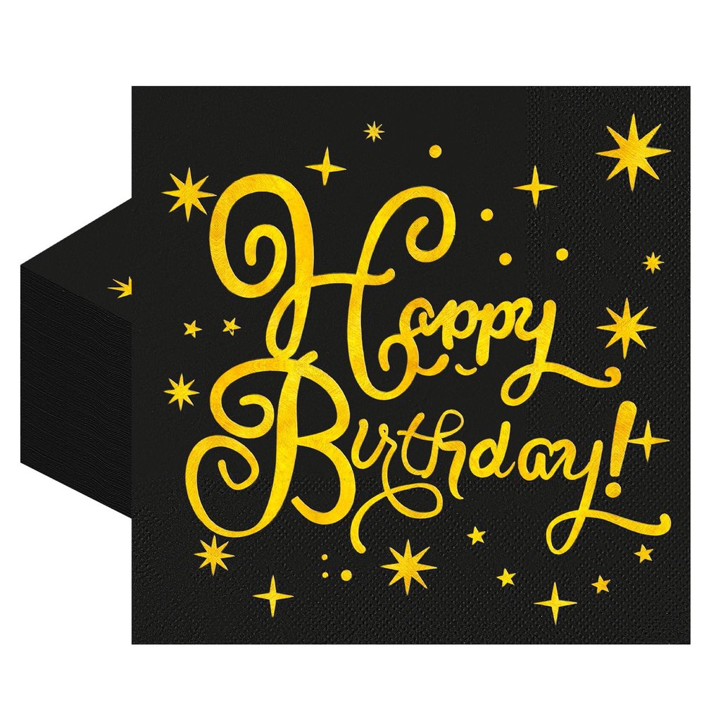 100 PCS Happy Birthday Paper Napkins, Black Gold Foil Birthday Disposable Guest Napkins, Decorative Paper Napkins for Dinner Picnic Cocktail Bday Chrismas Party Decorations, 1313 Inch