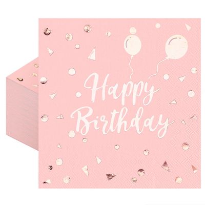100 PCS Pink Happy Birthday Guest Napkins, Rose Gold Foil Dots Balloons Birthday Disposable Paper Napkins, 1313 Inch Dinner Decorative Paper Napkin for Birthday Christmas Party Table Decorations