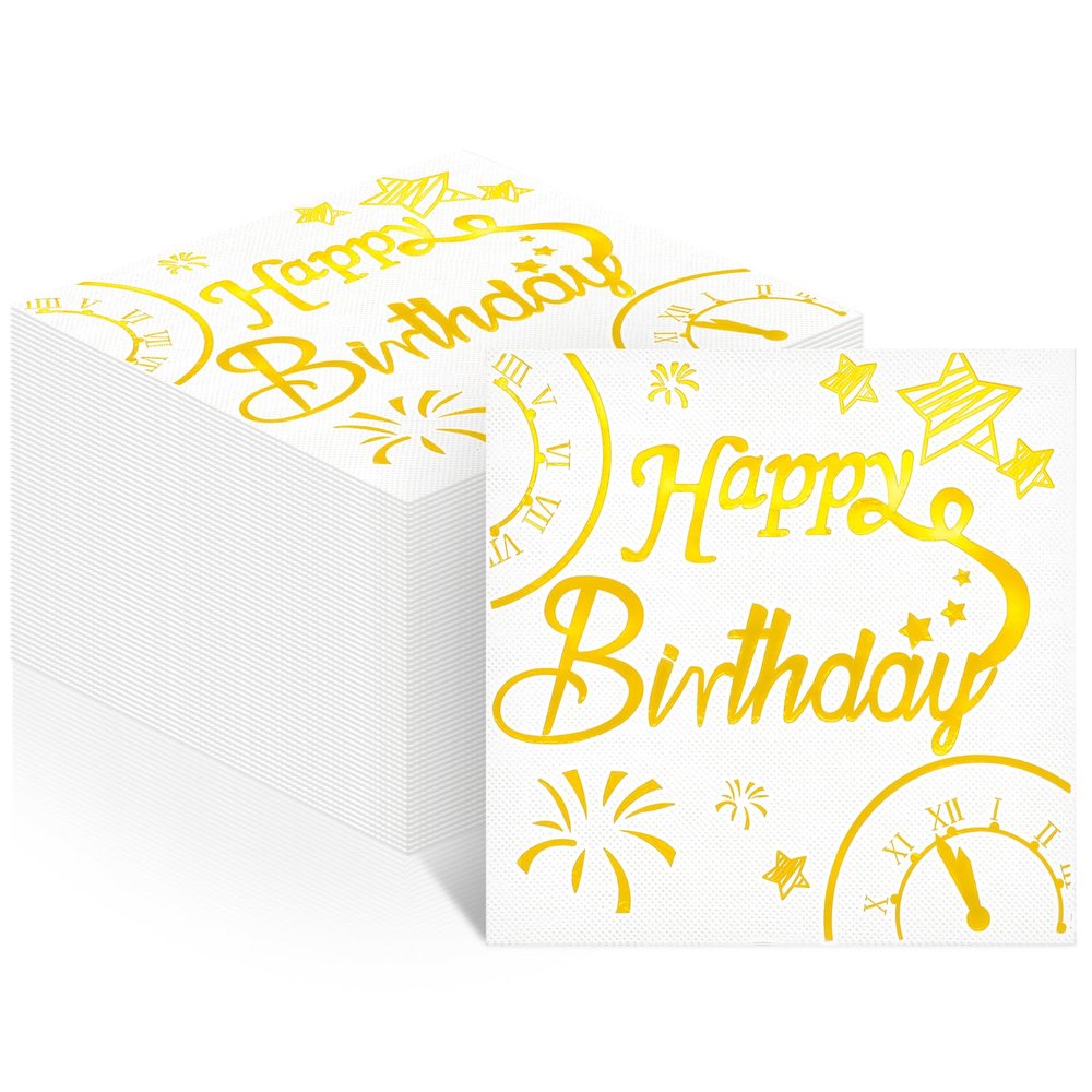 100 PCS Happy Birthday Napkins, Disposable Gold Foil Star Fireworks Decorative Paper Napkins, White Gold Birthday Dinner Cocktail Napkins for Men Women Bday Christmas Party Table Decor, 1313 Inch