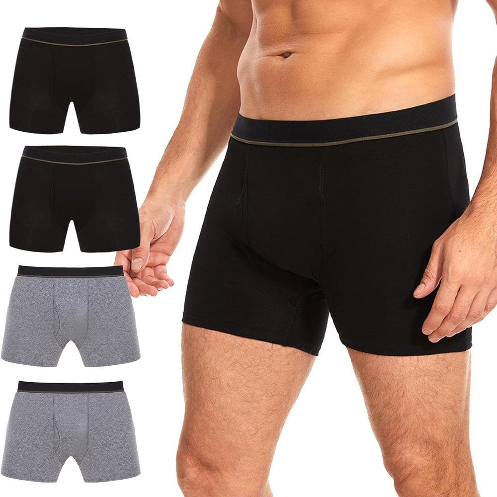 ShieldEase Men's Washable Incontinence Boxer Briefs, Black/Grey M, 4 Pack