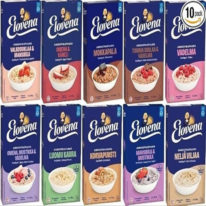 Elovena Porridge Variety Set 10-Pack of Finnish Flavored Porridges (210g240g Each | 7484 oz Total) Premium Nordic Breakfast Assortment in SPSP Box SOPOSOPO