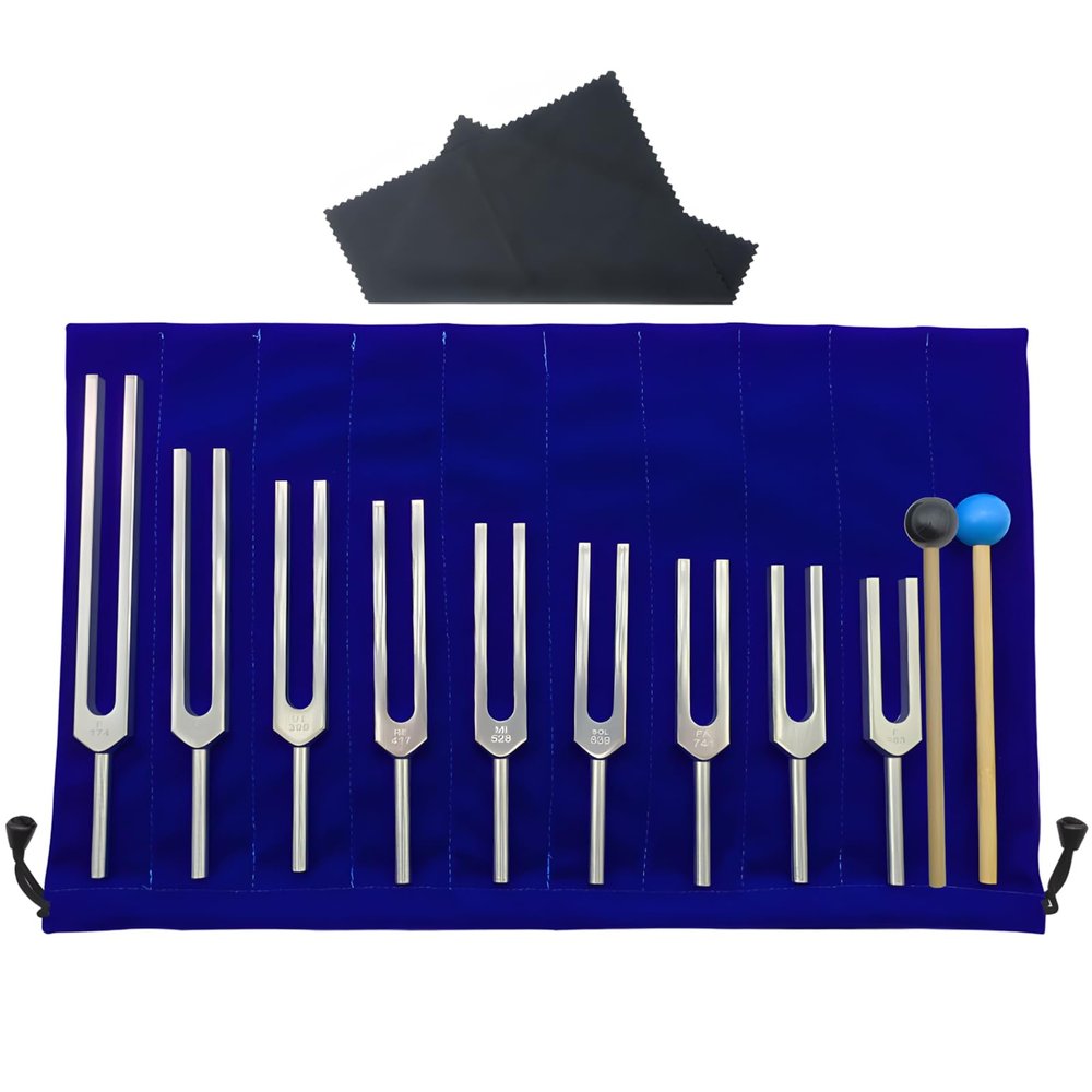 9 Solfeggio Tuning Forks Healing Set, With Dual-Color Mallet And Portable Bag, Aluminum Alloy Construction