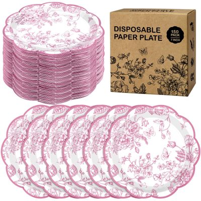 Kochorie 150 Pieces Pink Flower Paper Plates 7 Inches Disposable Floral Paper Plates Scalloped Pink Chinoiserie Vintage Flower Dessert Plate for Wedding Birthday Holiday Party Decor Supplies