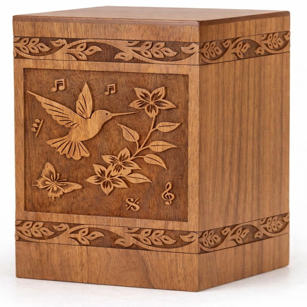 Cremation Urns for Human Ashes Adult Male Female - Wooden Humming Bird Funeral Cremation Urn Hand-Crafted - Burial Funeral Memorial Urns for Ashes (Medium)