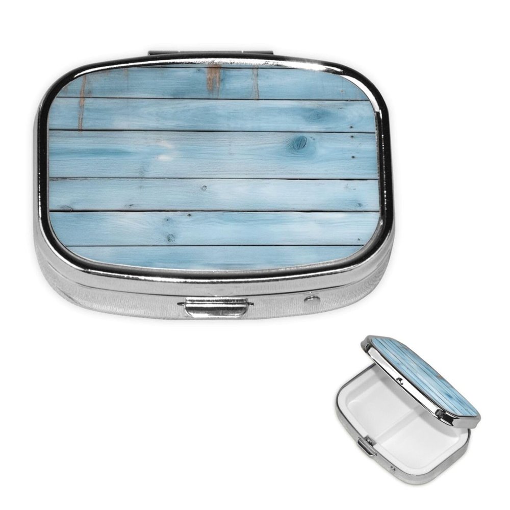 Pill Box Small Pill Case for Pocket & Purse Pill Organizer Portable Pill Container Cute Medicine Organizer Blue Wood Travel Pillbox for Vitamin Fish Oil Supplements