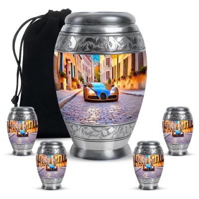 KARYLIZ Blue Car Urns for Human Ashes Adult Man, Mini Keepsake Cremation Urns for Human Ashes Adult Female, Funeral Urn for Mom & Dad, Decorative Burial Urn for Women 10 Inch & 3 Inch, Set of 5