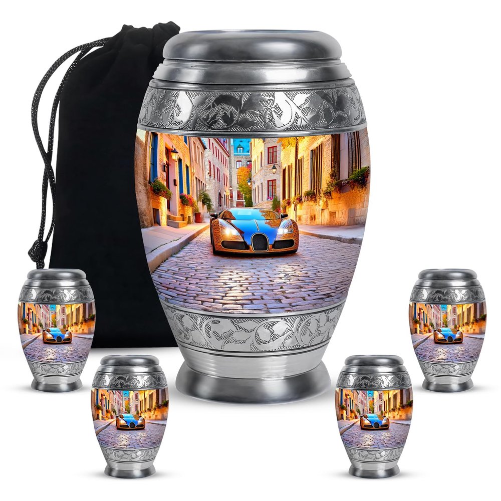 KARYLIZ Blue Car Urns for Human Ashes Adult Man, Mini Keepsake Cremation Urns for Human Ashes Adult Female, Funeral Urn for Mom & Dad, Decorative Burial Urn for Women 10 Inch & 3 Inch, Set of 5