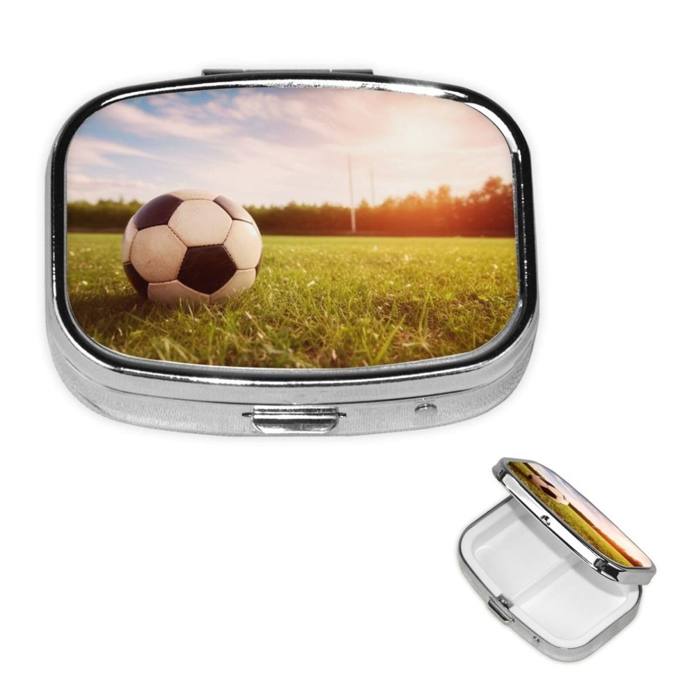 Pill Box Small Pill Case for Pocket & Purse Pill Organizer Portable Pill Container Cute Medicine Organizer Soccer Ball on A Field Travel Pillbox for Vitamin Fish Oil Supplements