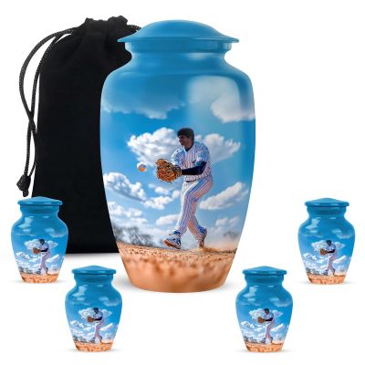 KARYLIZ Baseball Shaped Urns for Women & Men - Blue Cremation Urn for Ashes Adult Male - Small Urns for Human Ashes Adult Female - Funeral Keepsake Urn for Mom & Dad -10 Inch & 3 Inch, Combo of 5