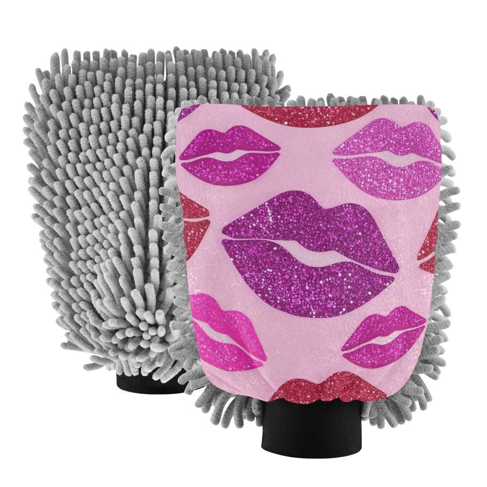 Fake Glitter Cartoon Lip Fashion Pink Car Wash Mitt Scratch Free Car Mitts for Washing Car Drying Mitt 2 Pack