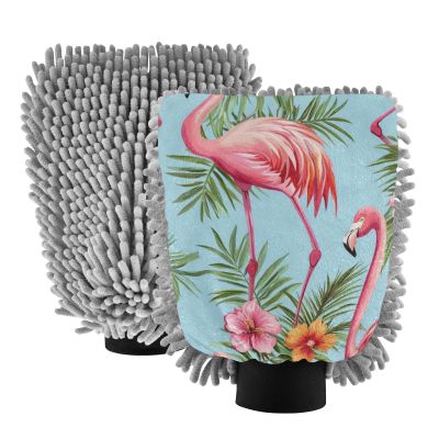 Tropical Flamingos Palm Leaves Flowers Vibrant Pink Microfiber Mitt for Cars Scratch-Free Wash Mitten for Cars Detailing Cleaning Mitt 2 Pack