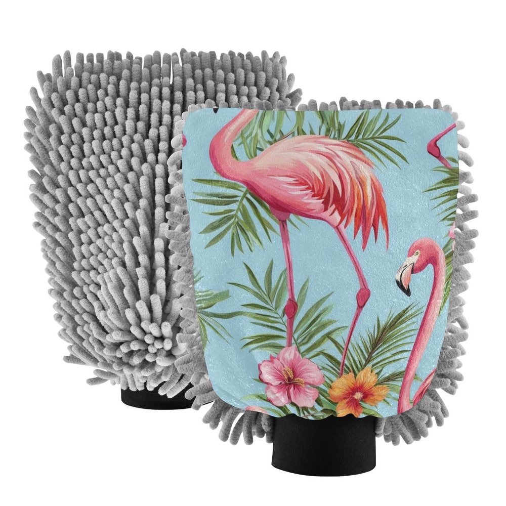 Tropical Flamingos Palm Leaves Flowers Vibrant Pink Microfiber Mitt for Cars Scratch-Free Wash Mitten for Cars Detailing Cleaning Mitt 2 Pack