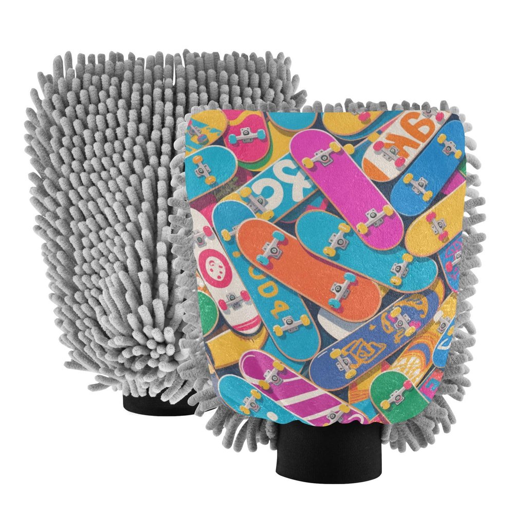 Colorful Cartoon Skateboard Car Wash Microfiber Mitt Scratch-Free Wash Mitt for Cars Car Detailing Gloves 2 Pack
