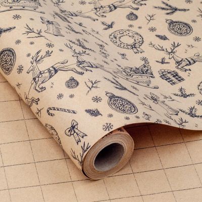 LDGOOAEL Mini Christmas Kraft Wrapping Paper Roll (17 inches X 32.8 feet) Easy-Tear Cut Lines on Back - Pinecones, Reindeer Patterns for Small/Medium Gifts, Xmas Party