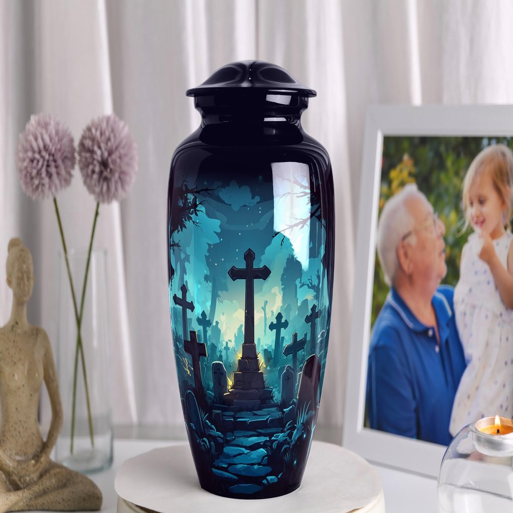 Cremation Urn for Ashes Adult Male Cross and Light Religious Funeral Container Christian Memorial for Dad 10" Large