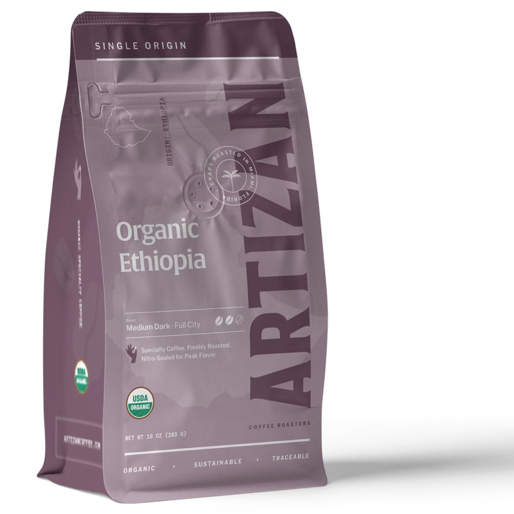 Artizan Coffee USDA Organic Ground Coffee | Ethiopian Yirgacheffe Single Origin | Dark Roast | Medium Grind for Drip | 10 oz | Roasted in South Florida
