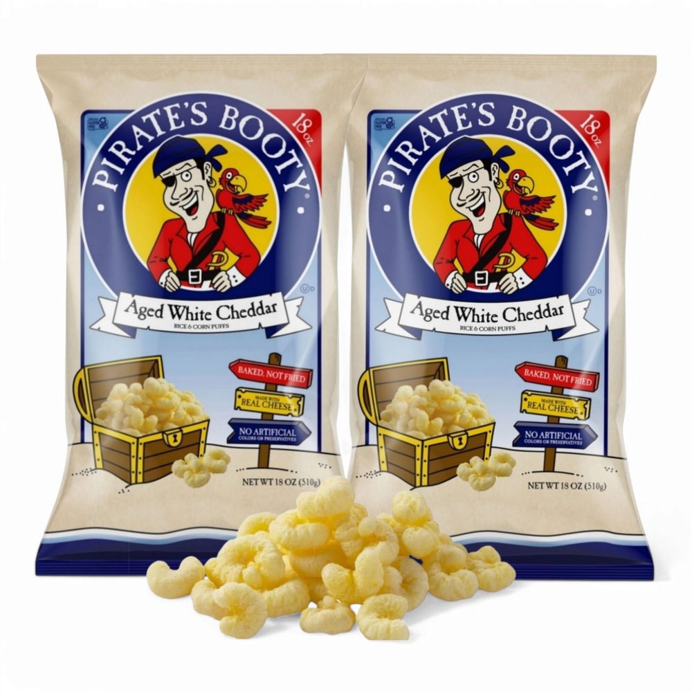 Pirate Snack, Aged White Cheddar Puffs, 18 oz (Pack of 2) Light, Crunchy & Delicious Cheese Snacks for the Whole Family! Custom Bundled by MOOCHI