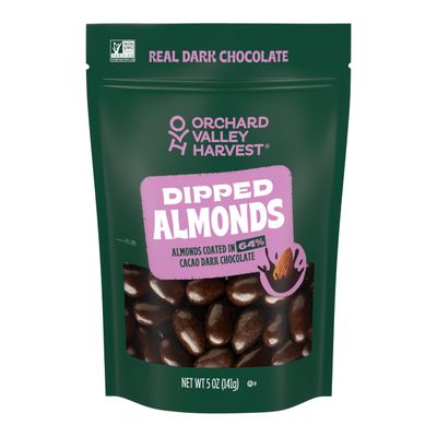 Orchard Valley Harvest Dark chocolate Dipped Whole California Almonds, 5 oz (Pack of 1), Gluten Free, Non-GMO Project Verified, Stand Up Bag, No Artificial Colors or Flavors, On-The-Go Snack For The Whole Family